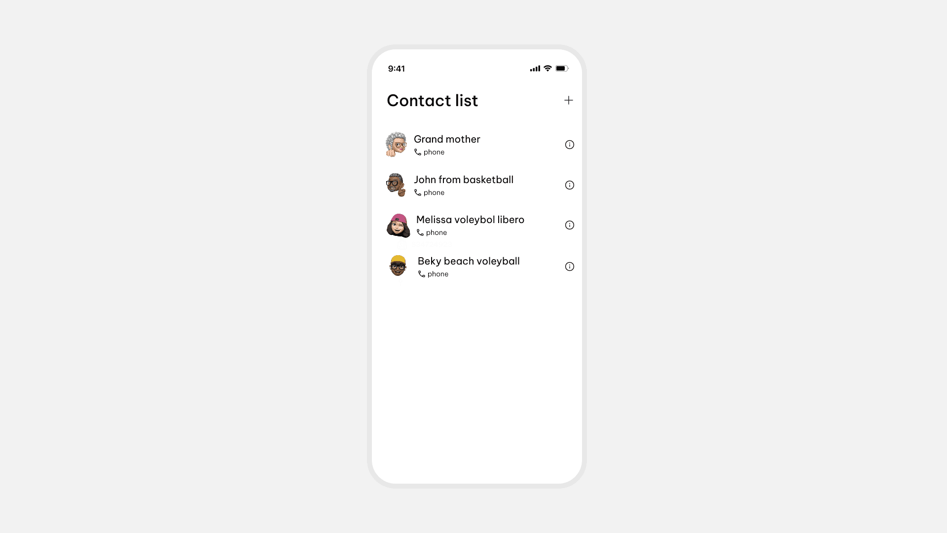 A phone contact list with four entries in it: a grandmother, somebody from basketball, and two people from volleyball.